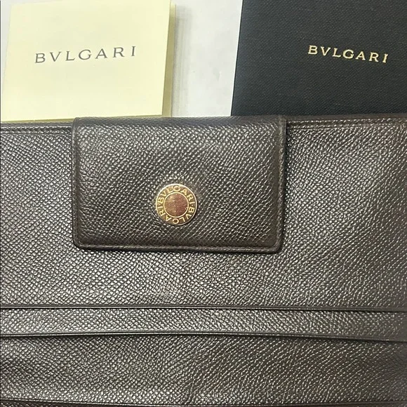 Bvlgari Long Trifold Brown Wallet with Gold Accent EUC - Picture 8 of 15